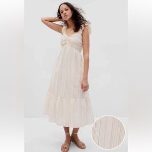 Gap Beige Multicolor Stripe Midi Dress | XL | Empire Waist | Tiered Skirt